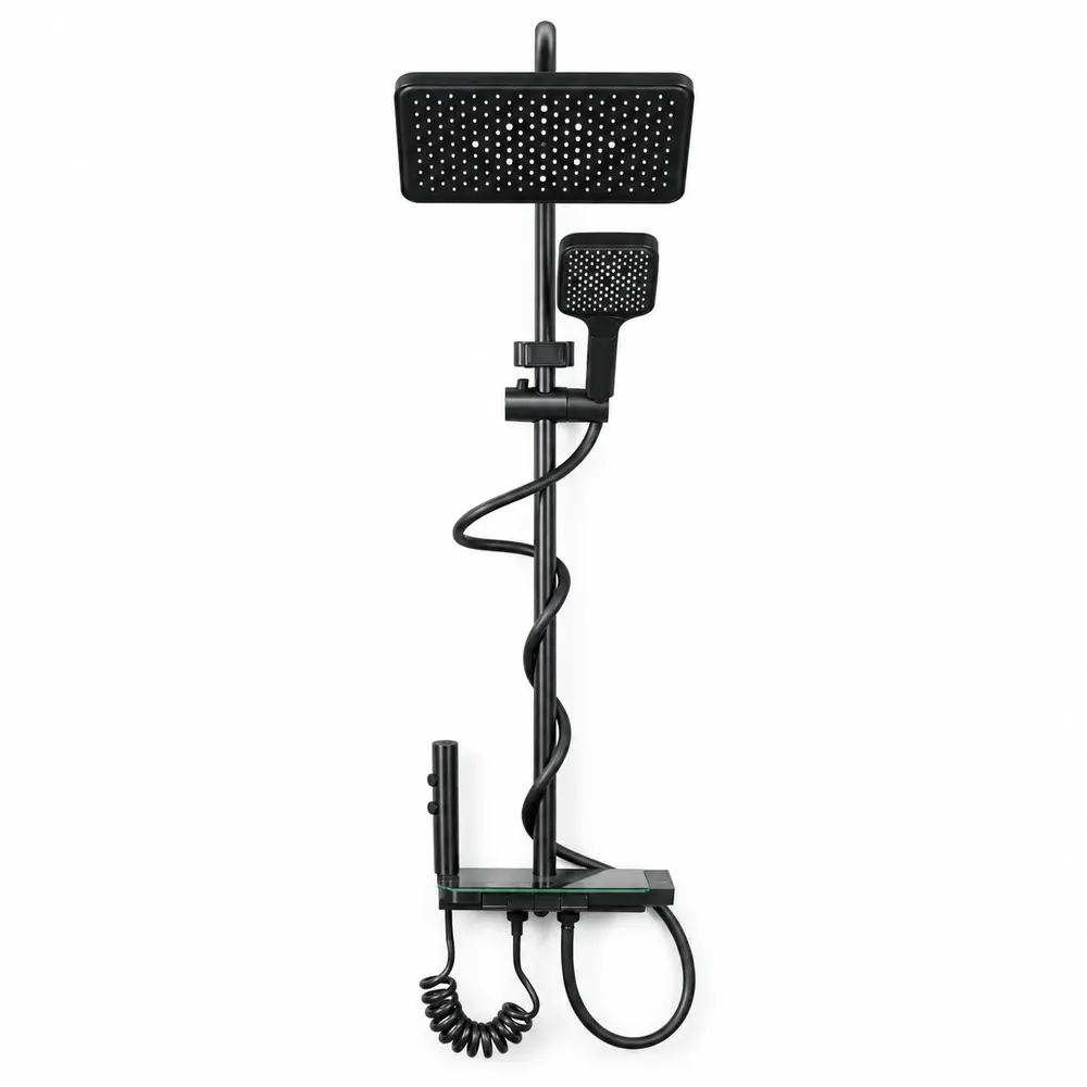 Colonne de douche multifonction noir mat avec tablette en verre – Image 2
