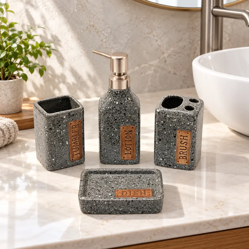 Ensemble d’accessoires de salle de bain 4 pièces effet granit gris – Modèle Urban – Image 3