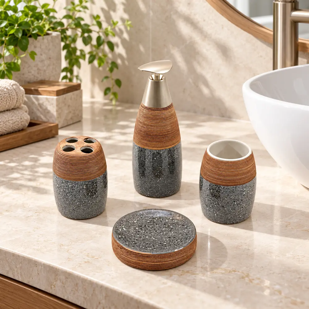 Ensemble d’accessoires de salle de bain 4 pièces effet pierre et bois – Modèle Natura – Image 3