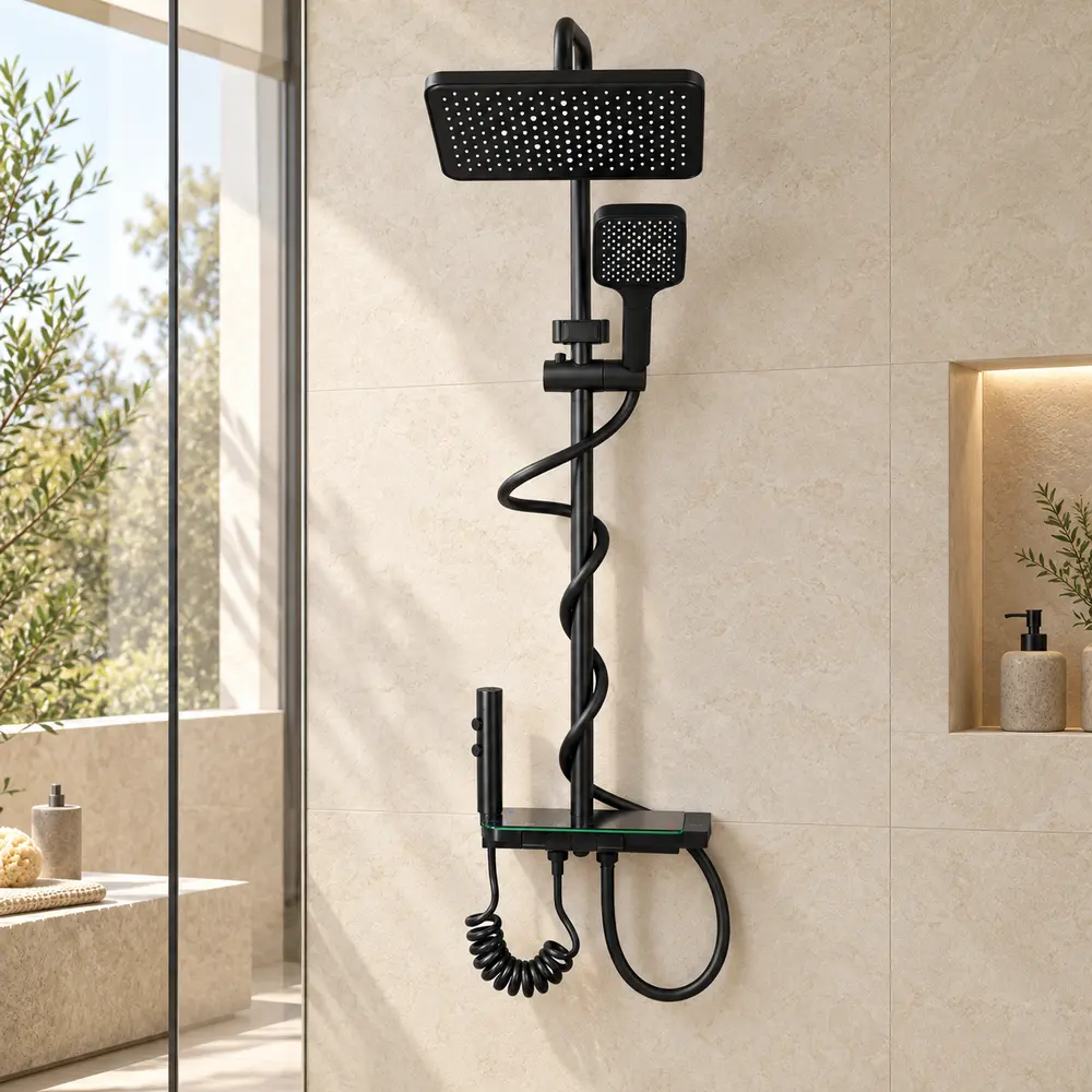 Colonne de douche multifonction noir mat avec tablette en verre – Image 8