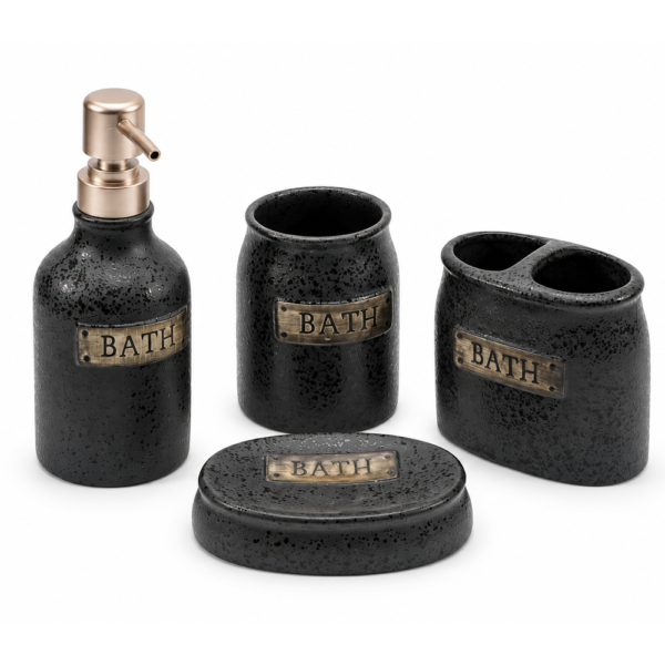 Ensemble d’accessoires de salle de bain 4 pièces effet pierre noir – Modèle Élégance