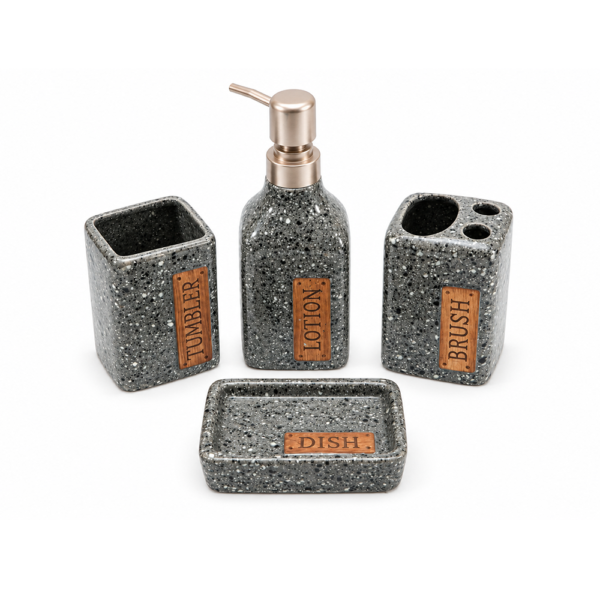 Ensemble d’accessoires de salle de bain 4 pièces effet granit gris – Modèle Urban