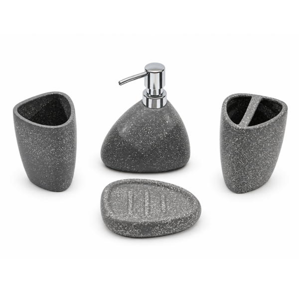 Ensemble d’accessoires de salle de bain 4 pièces effet pierre gris – Modèle Galet