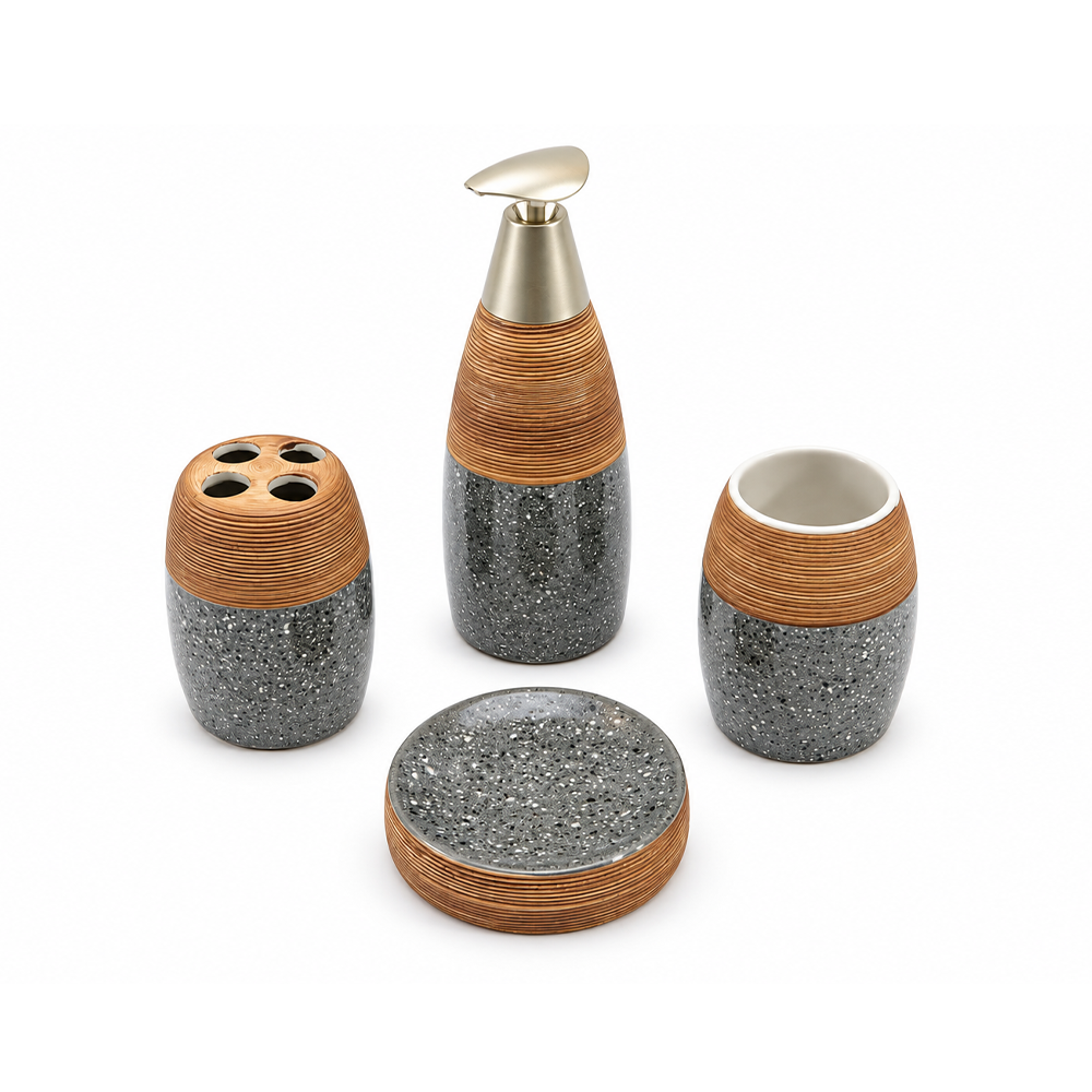 Ensemble d’accessoires de salle de bain 4 pièces effet pierre et bois – Modèle Natura