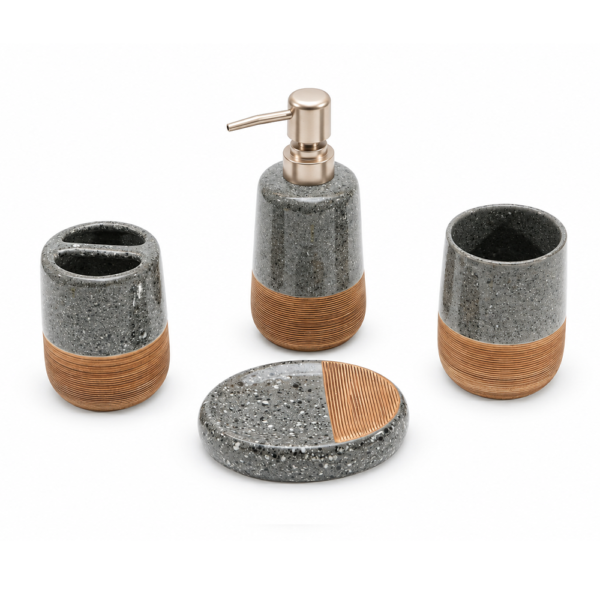 Ensemble d’accessoires de salle de bain 4 pièces gris et bois – Modèle Terra
