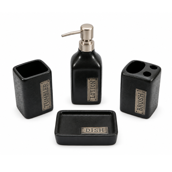 Ensemble d’accessoires de salle de bain 4 pièces noir effet pierre – Modèle Black Stone