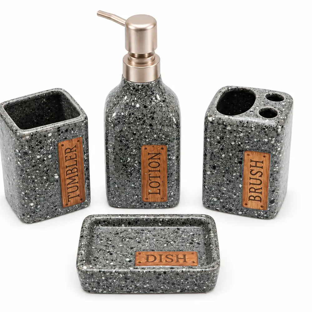 Ensemble d’accessoires de salle de bain 4 pièces effet granit gris – Modèle Urban – Image 2