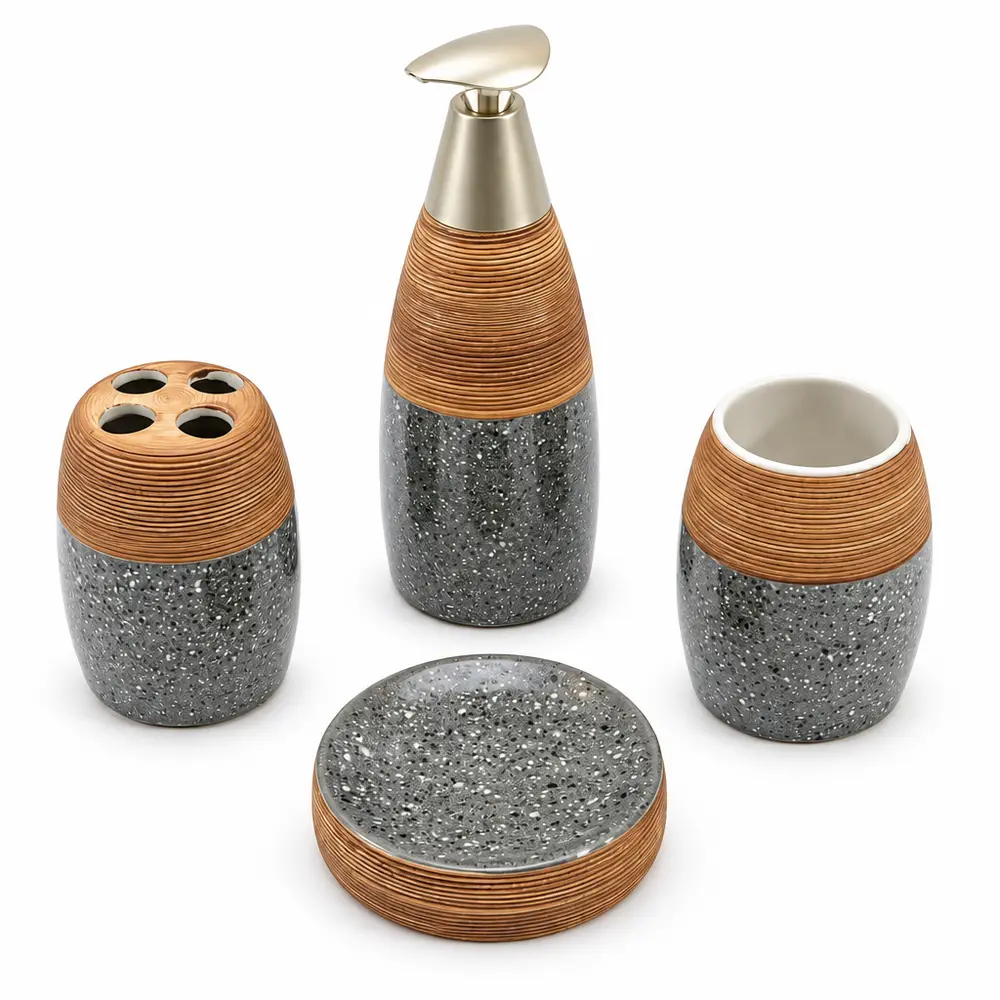 Ensemble d’accessoires de salle de bain 4 pièces effet pierre et bois – Modèle Natura – Image 2
