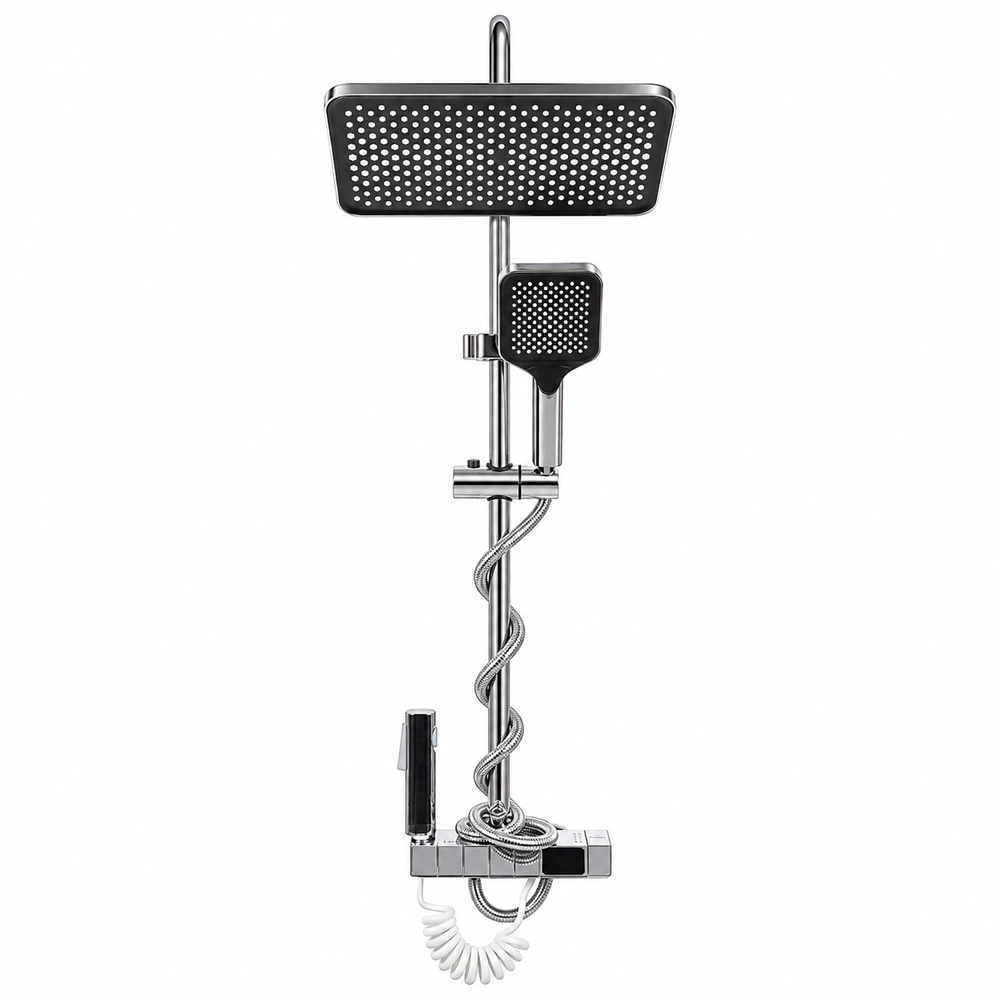 Colonne de douche chromée avec écran intégré et douche de tête rectangulaire – Image 7