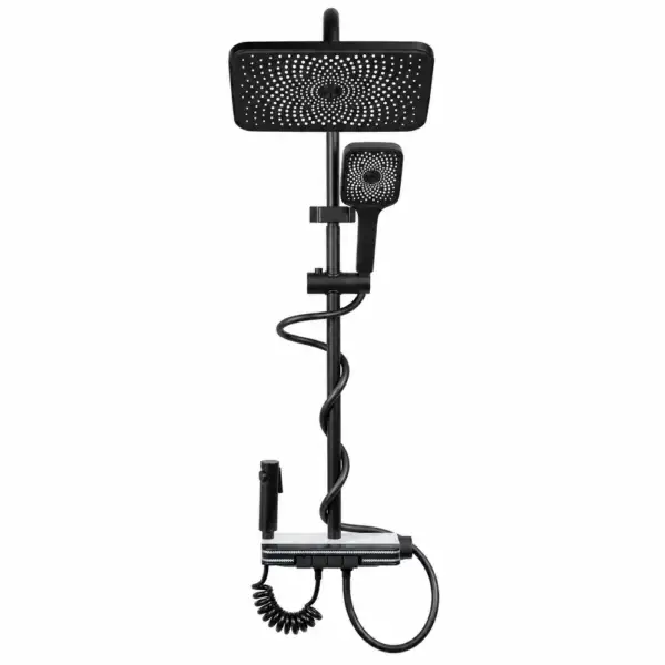 Colonne de douche noire multifonction avec tête rectangulaire et douchette