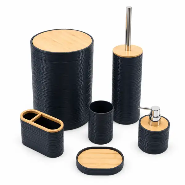 Ensemble de salle de bain 6 pièces bleu nuit – Design rond et détails aspect bambou