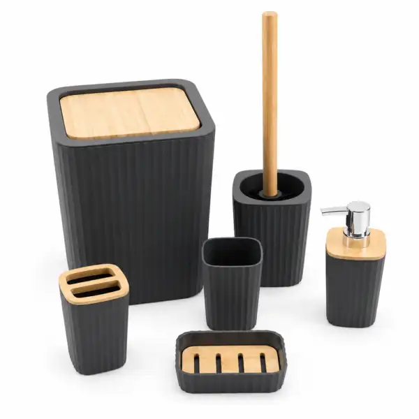 Ensemble accessoires de salle de bain 6 pièces noir – Détails aspect bambou