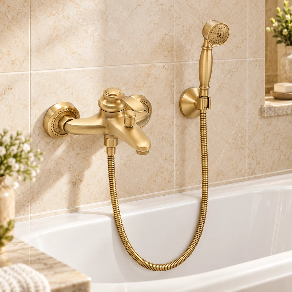 Mitigeur bain-douche mural rétro doré avec douchette assortie – Image 2